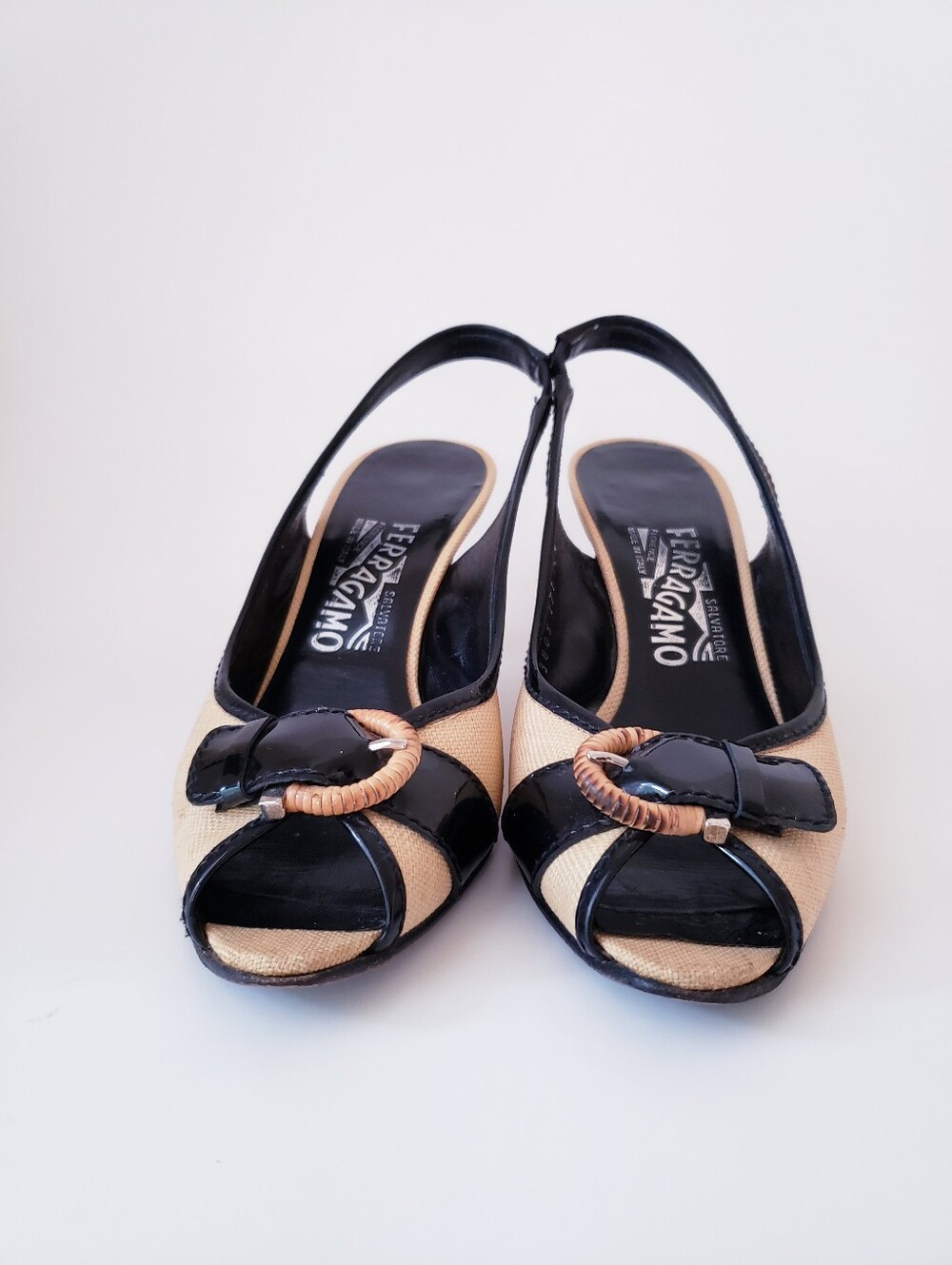 Vintage Salvatore Ferragamo light Tan And Black Slingback Peep-toe Heels - Picture 4 of 16